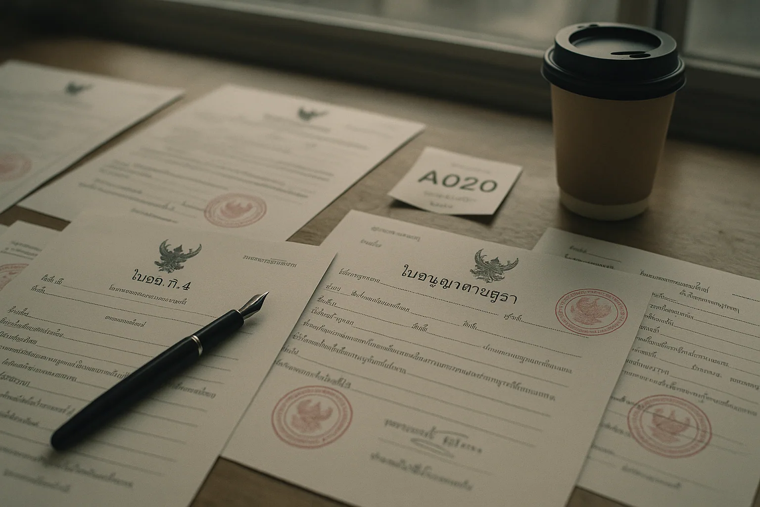 Table with Thai licensing paperwork, queue ticket, and coffee during restaurant registration