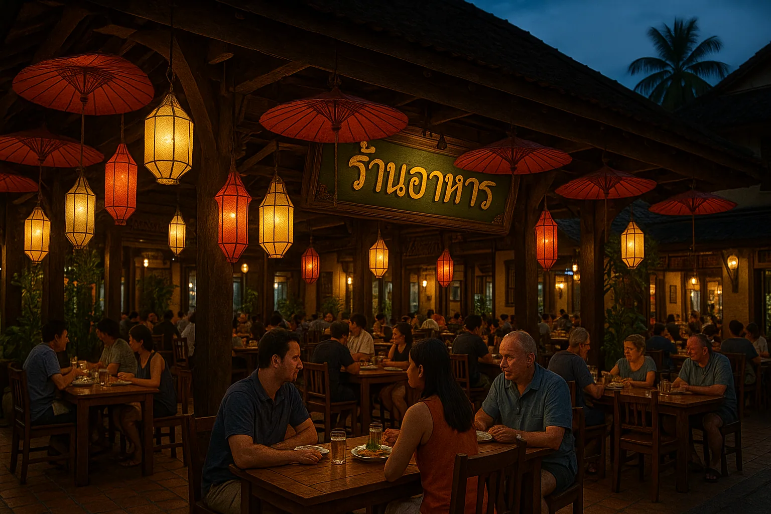 Thai restaurant terrace at night with warm lighting and diners overlooking city street