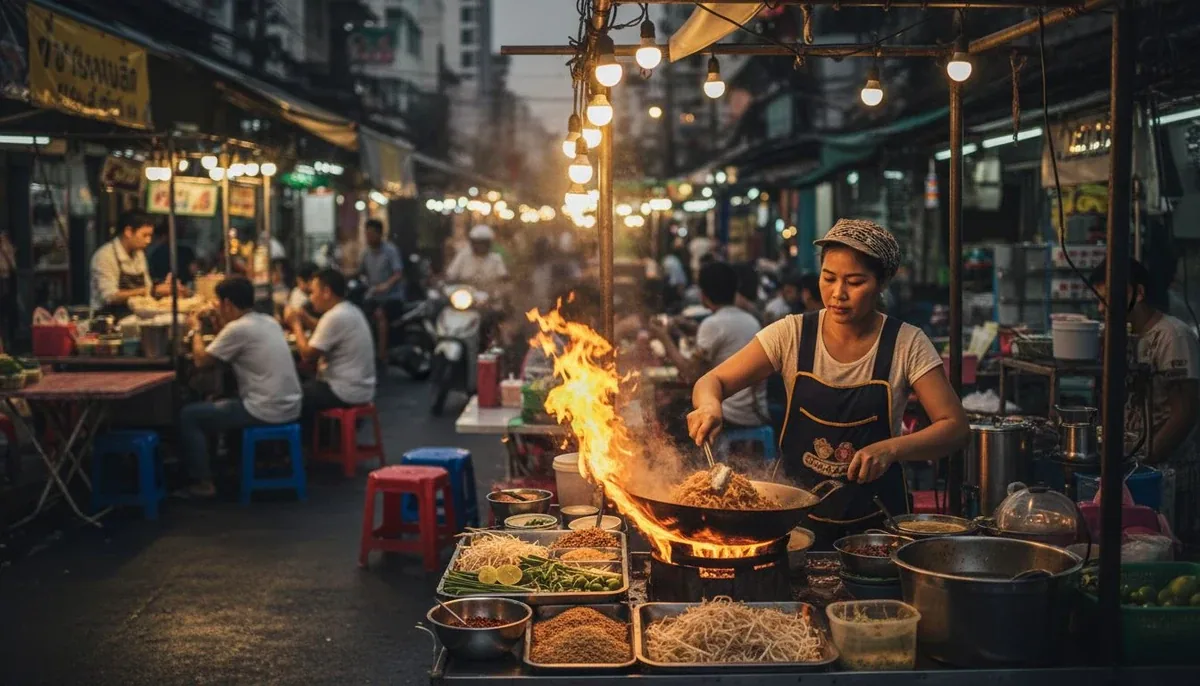 Bangkok street food vendor preparing fresh pad thai at outdoor stall with flames from wok, surrounded by local diners