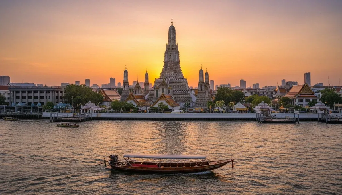 Wat Arun (Temple of Dawn) in Bangkok with intricate porcelain-decorated spires along the Chao Phraya River at sunset