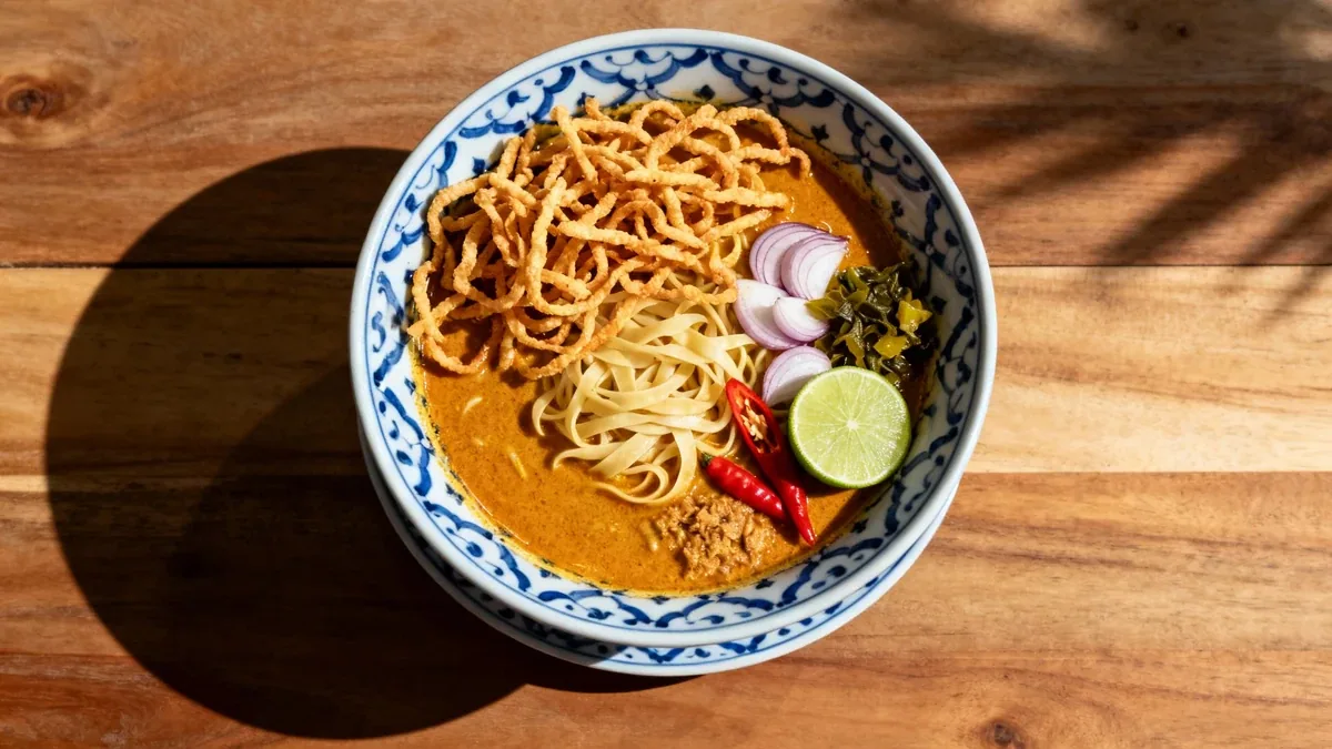 Traditional Northern Thai khao soi curry noodle soup in decorative bowl with crispy noodles, lime, and pickled vegetables