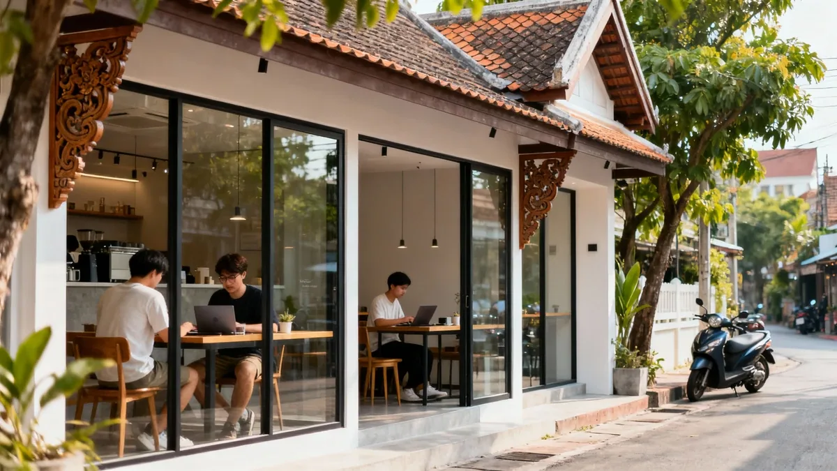 Trendy Nimman neighborhood in Chiang Mai with modern cafes, co-working spaces, and digital nomads working on laptops