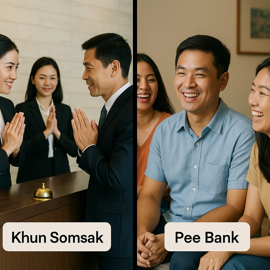 Thai people using formal and informal titles including Khun and Pee in various social settings