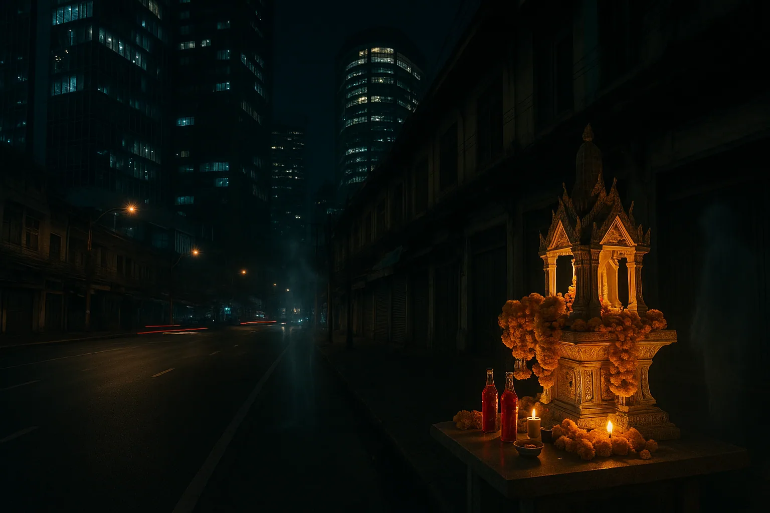 Urban spirit shrine at night with Bangkok skyscrapers in background