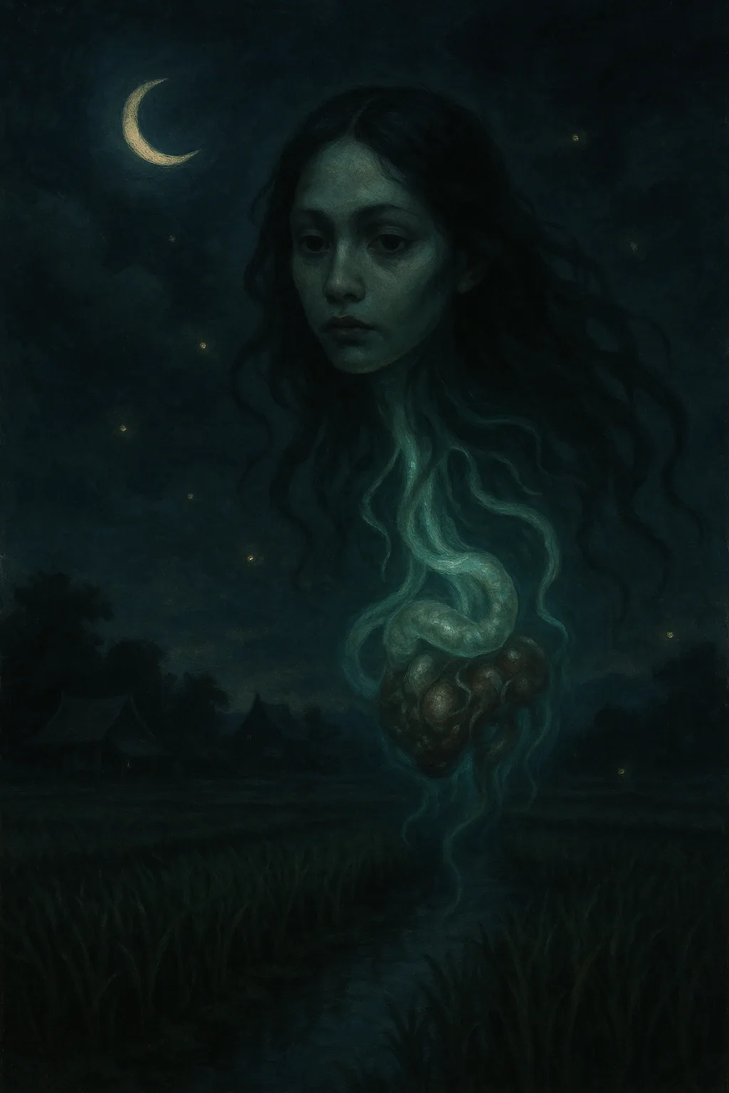 Artistic representation of Phi Krasue, the flying head ghost from Thai folklore glowing against dark night sky