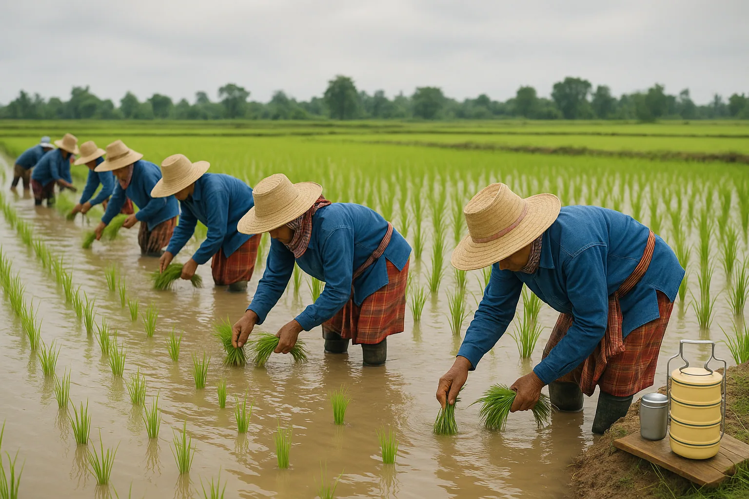 Line of farmers planting rice with traditional tiffin carriers for meals