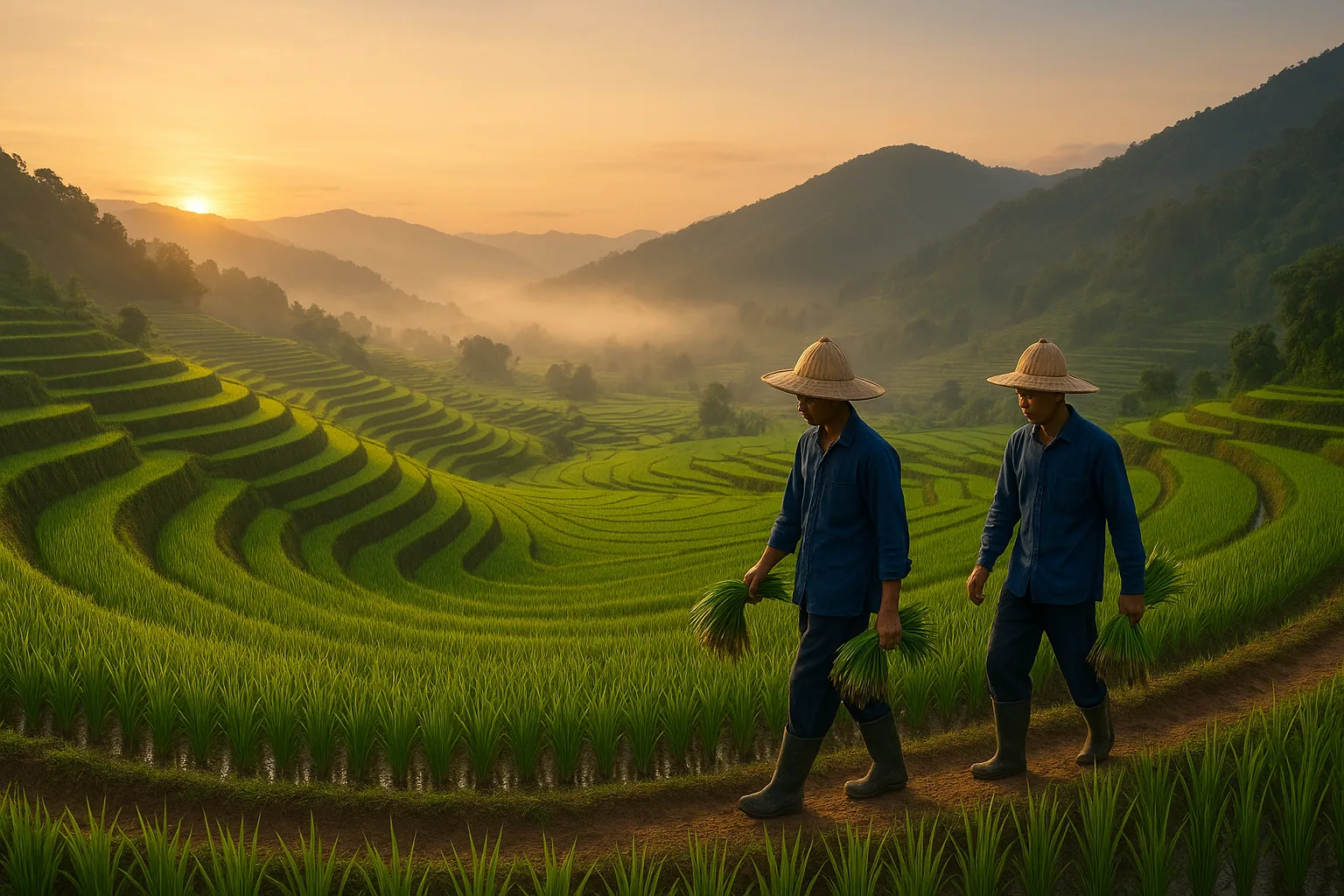 Farmers carrying rice seedling bundles through terraced paddies in Thailand
