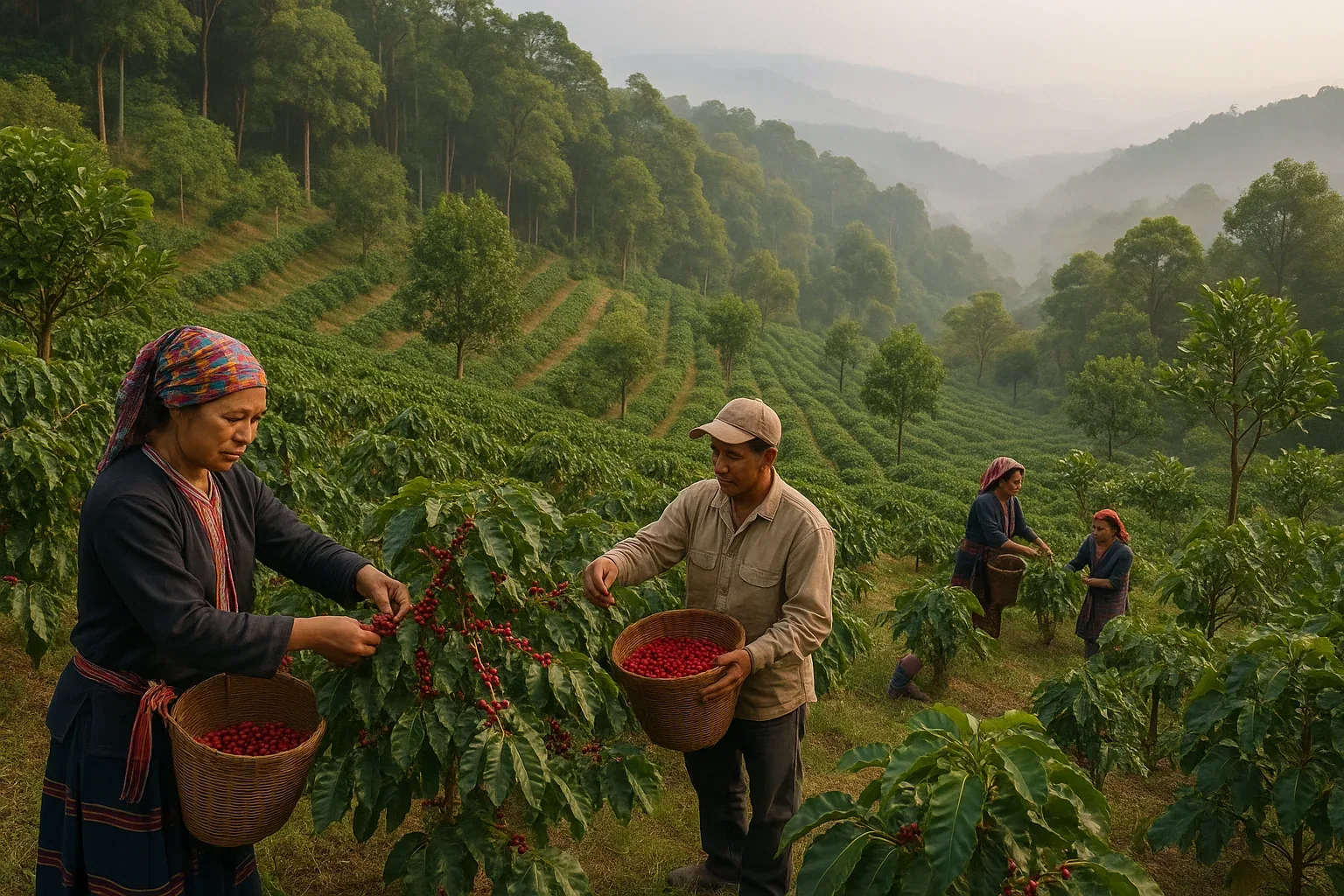 Doi Tung hillside with hill tribe farmers harvesting red Arabica coffee cherries into baskets among coffee trees, with morning fog and distant mountains