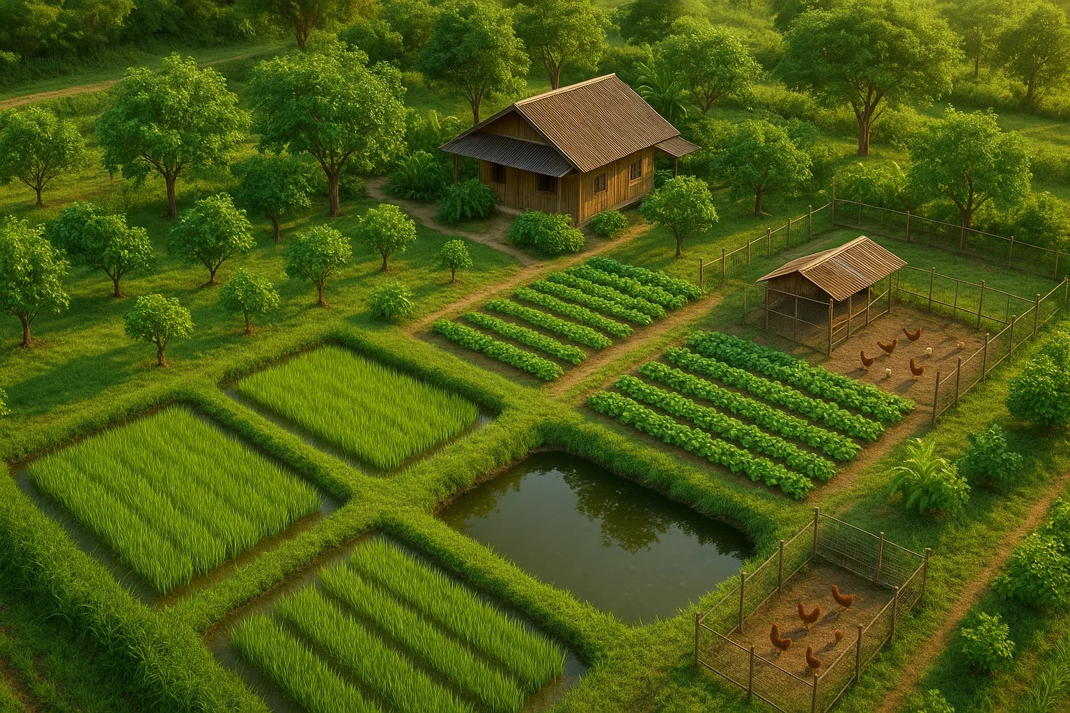 Aerial view of New Theory integrated farm showing rice paddies, fish pond, vegetable gardens, fruit trees and family house demonstrating sufficiency economy principles
