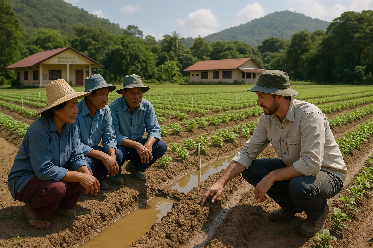 Thai Royal Development Study Center with researcher in field examining soil and irrigation systems with farmers in experimental agricultural test plot
