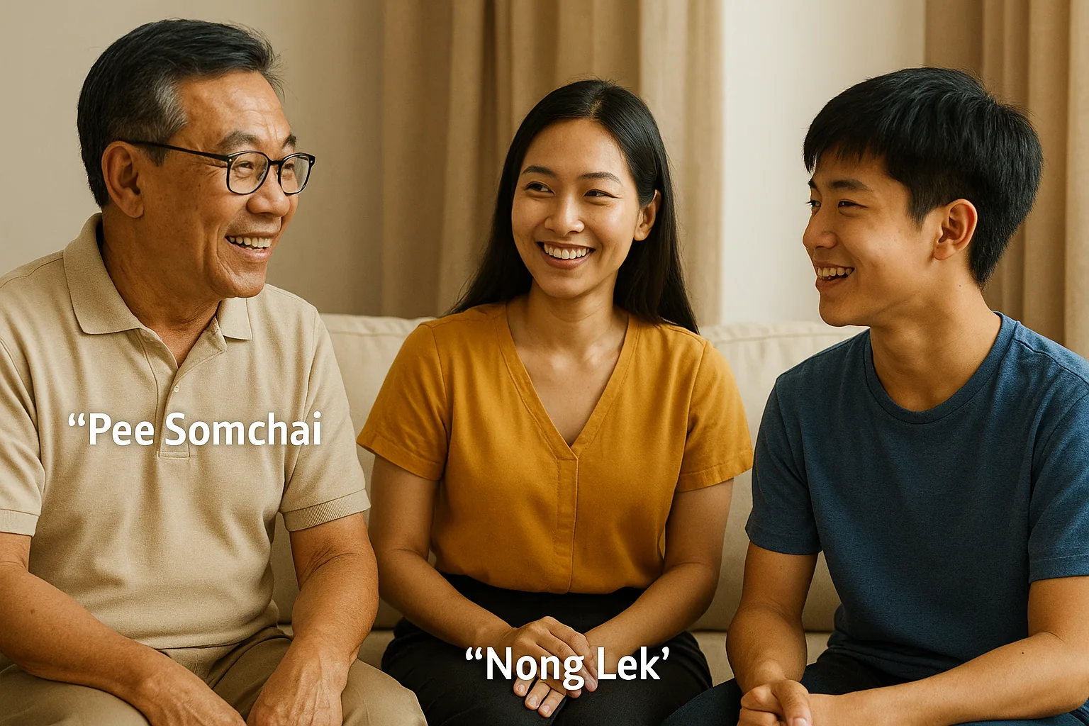 Multi-generational Thai family gathering showing traditional respect hierarchy with younger people showing deference to elders