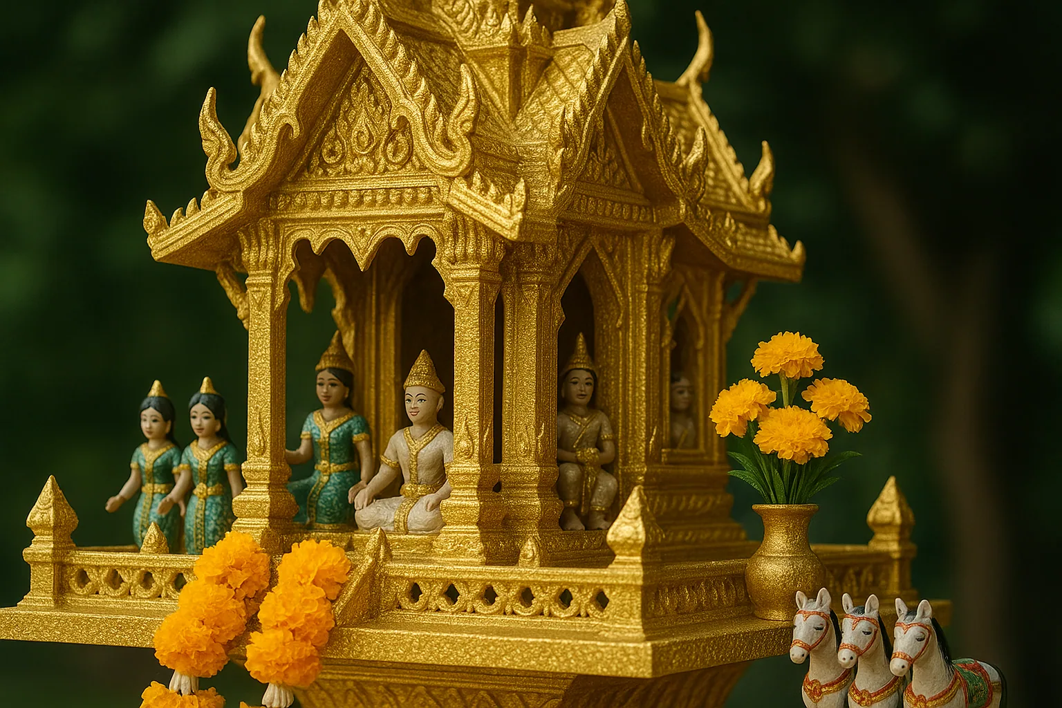 Close-up of golden Thai spirit house with deity figures, marigold garlands, and ceremonial offerings