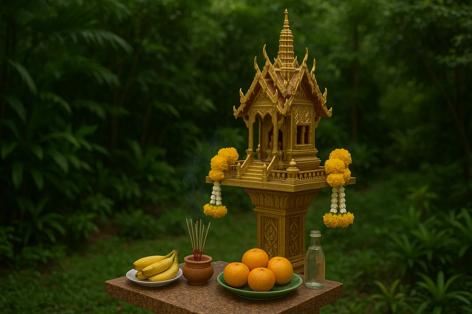 Golden Thai spirit house with traditional offerings in garden setting