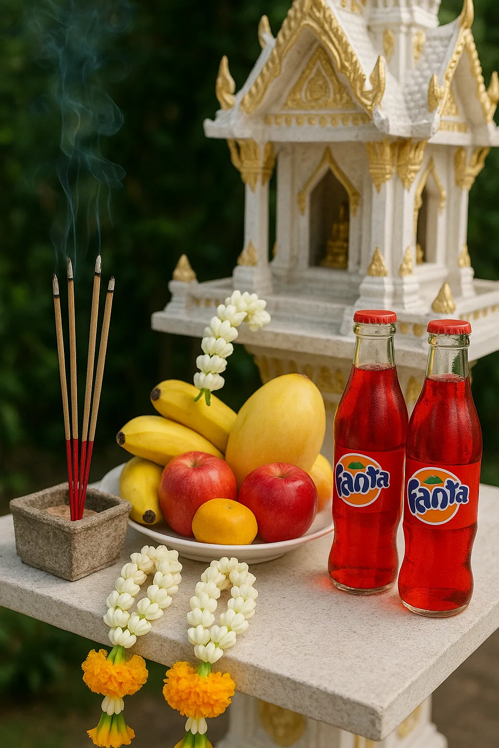 White Thai spirit house with modern offerings including Fanta bottles, fruits, jasmine garlands, and marigolds