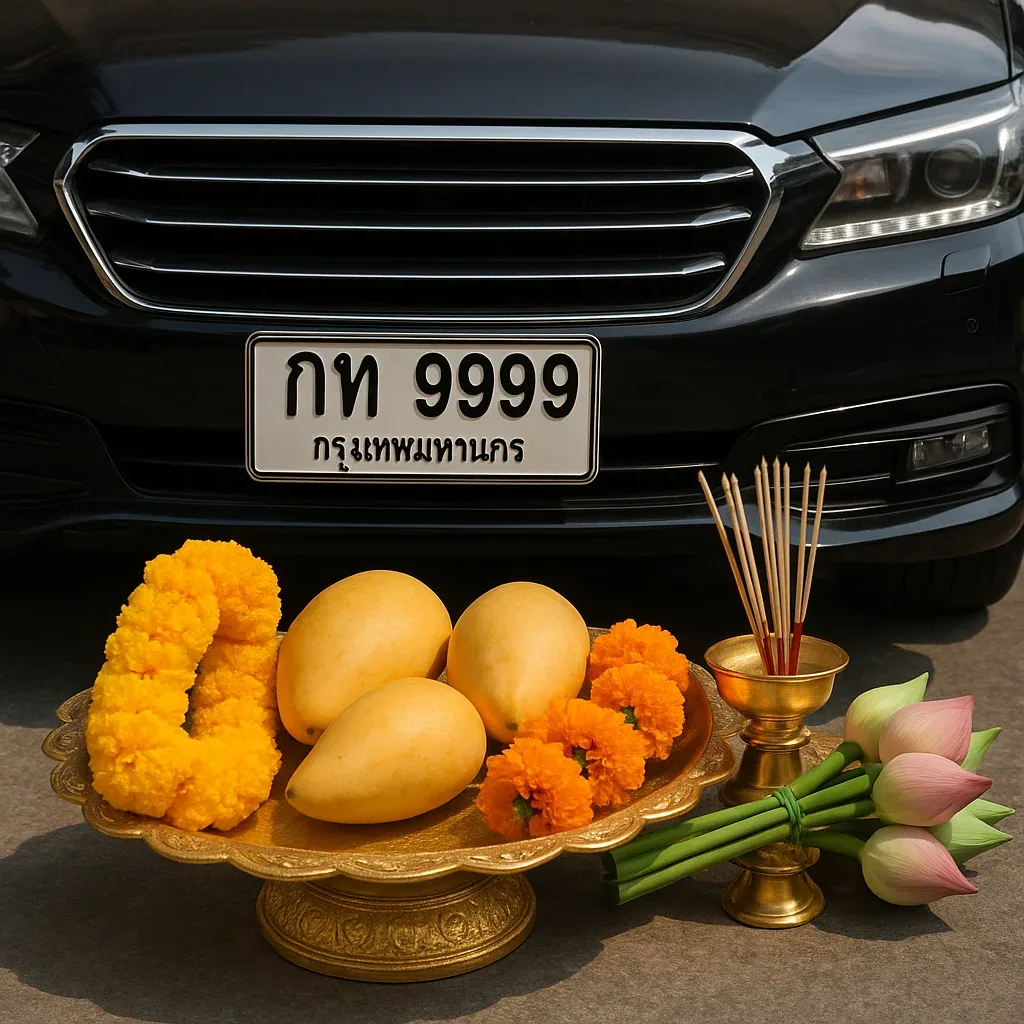 Black car with Thai license plate 'กท 9999' featuring mango offerings, marigold garlands, lotus flowers, and incense