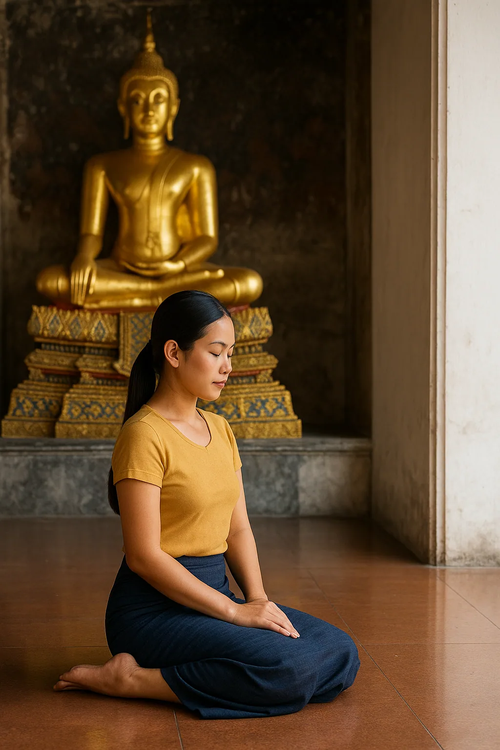 Woman sitting with feet properly tucked in mermaid position before golden Buddha statue in Thai temple, demonstrating respectful posture