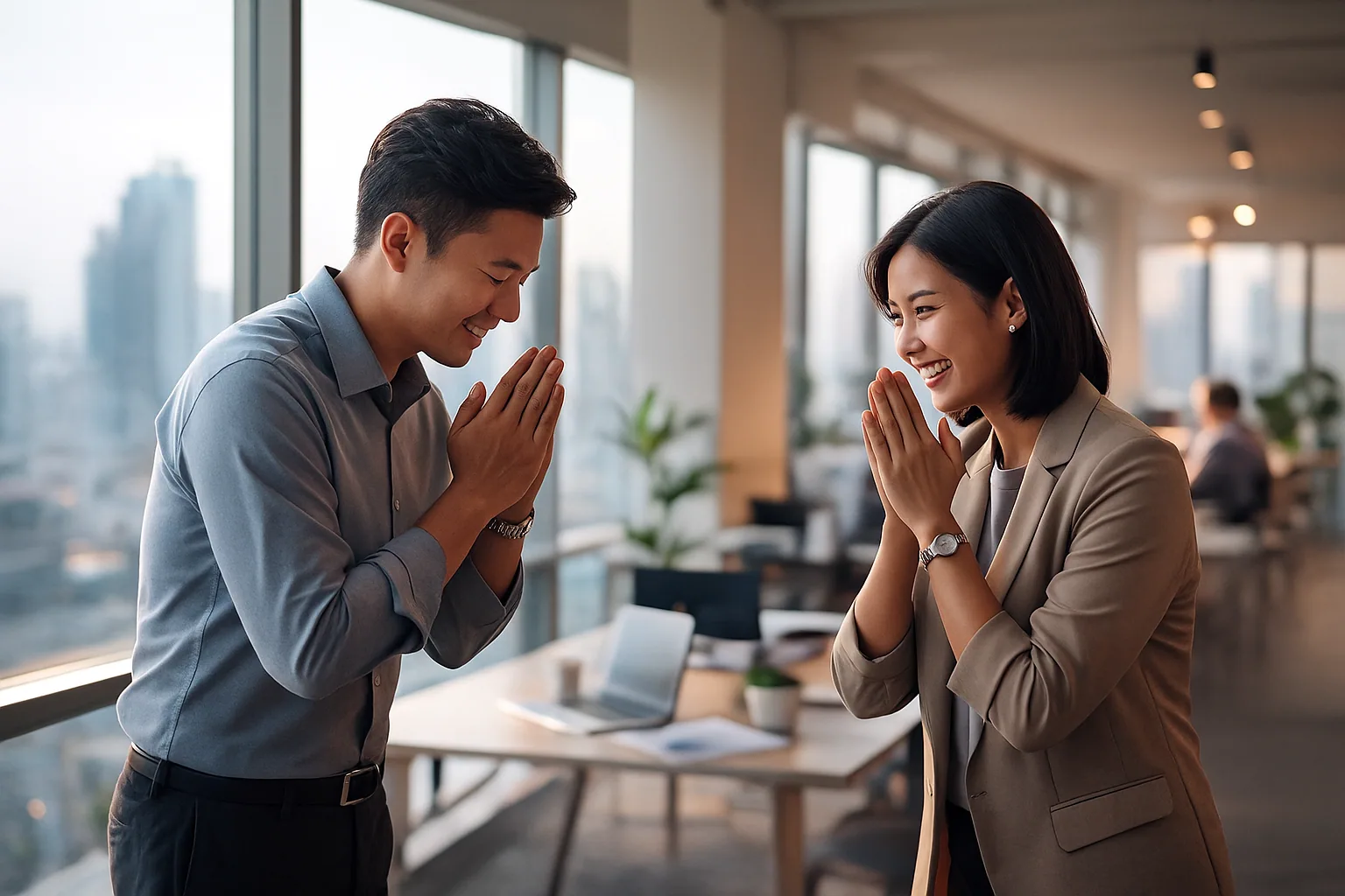 Thai people greeting each other with traditional wai gesture, showing respect and proper social etiquette in Thailand