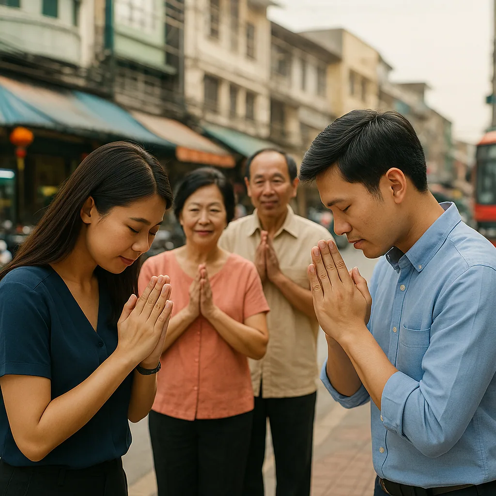 Young couple performing respectful wai greeting to elder parents on street