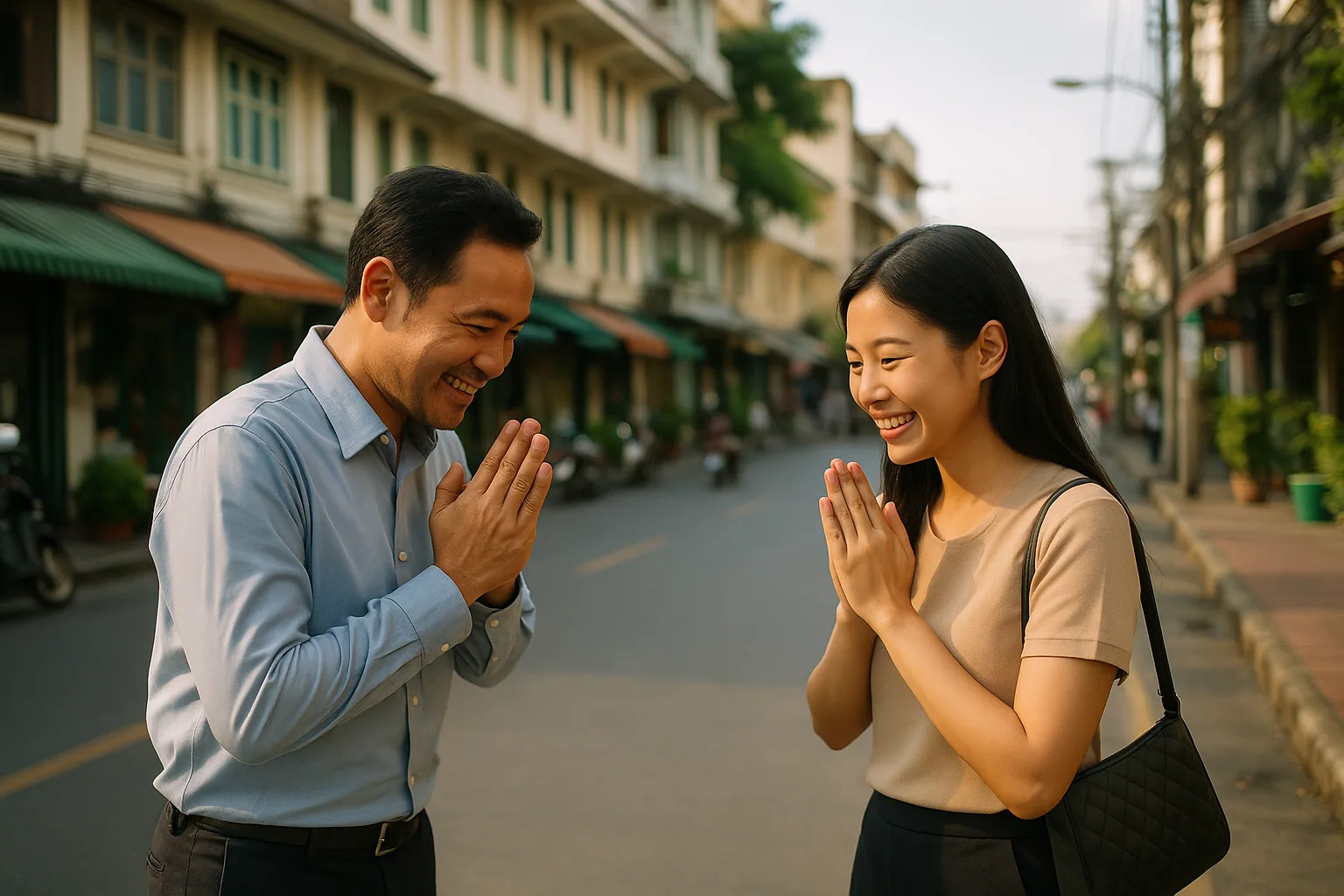 Two people exchanging traditional wai greeting on urban street in Thailand