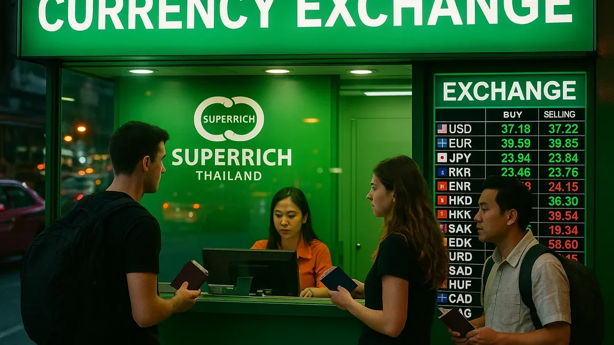 SuperRich Thailand green logo currency exchange counter with customers and staff, showing live exchange rate board in background