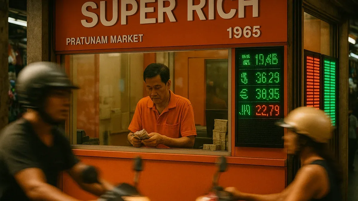 SuperRich 1965 orange logo currency exchange booth at Pratunam Market showing live digital exchange rates for major currencies