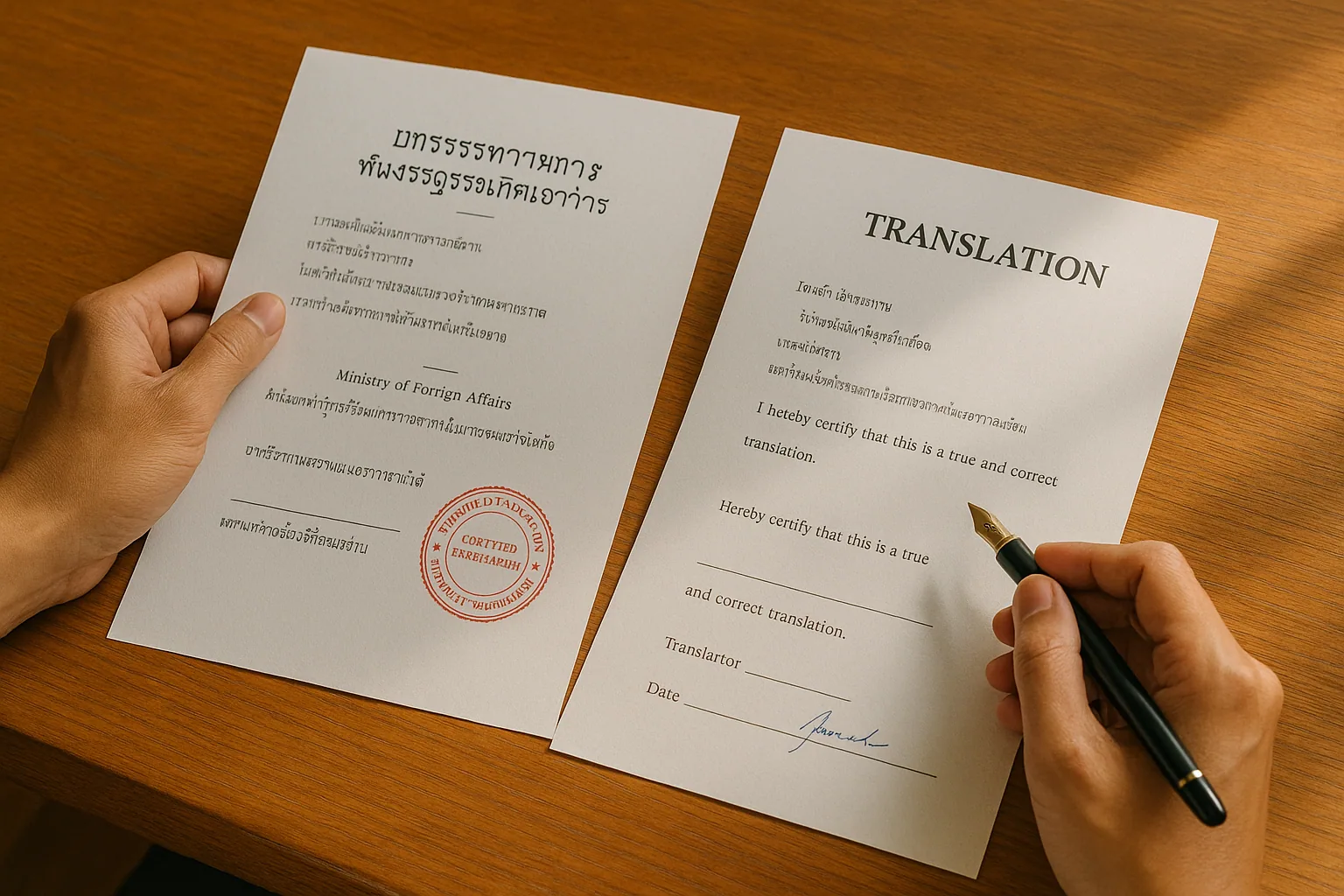 Certified Thai-English translation documents with official translator stamps and seals