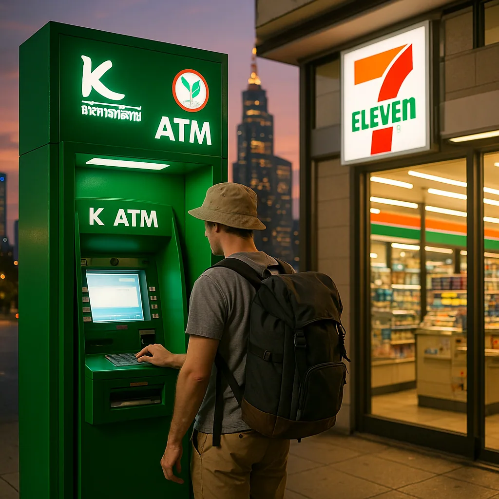 Traveler using a neon-lit Kasikorn ATM outside a Bangkok 7-Eleven at night