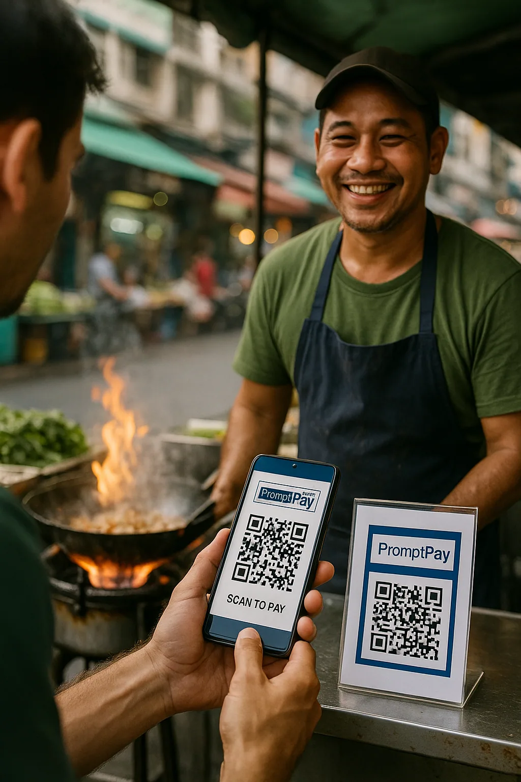 Traveler paying at a café with a PromptPay QR code