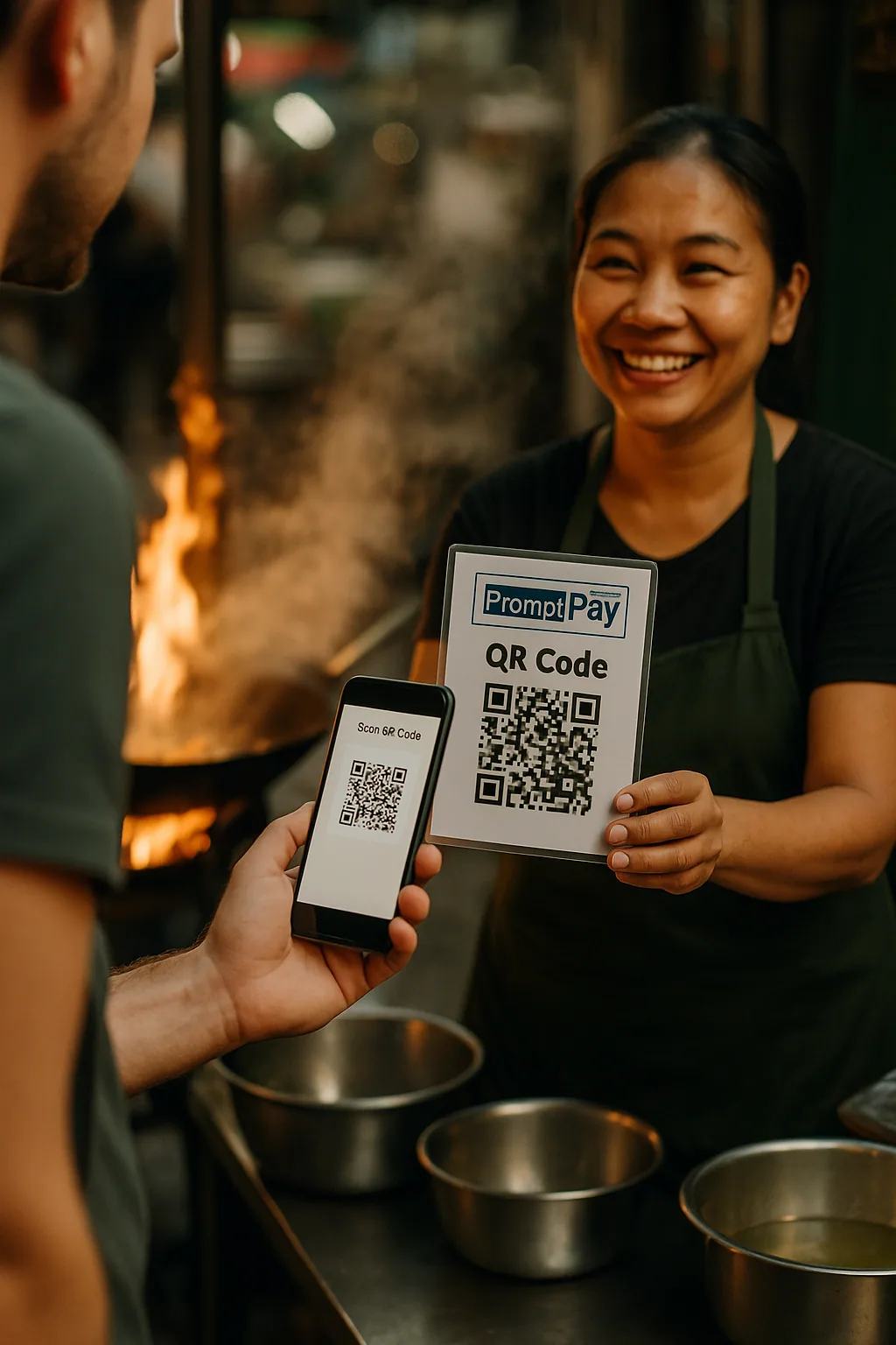 Foreigner scanning a PromptPay QR code at a Bangkok street-food stall