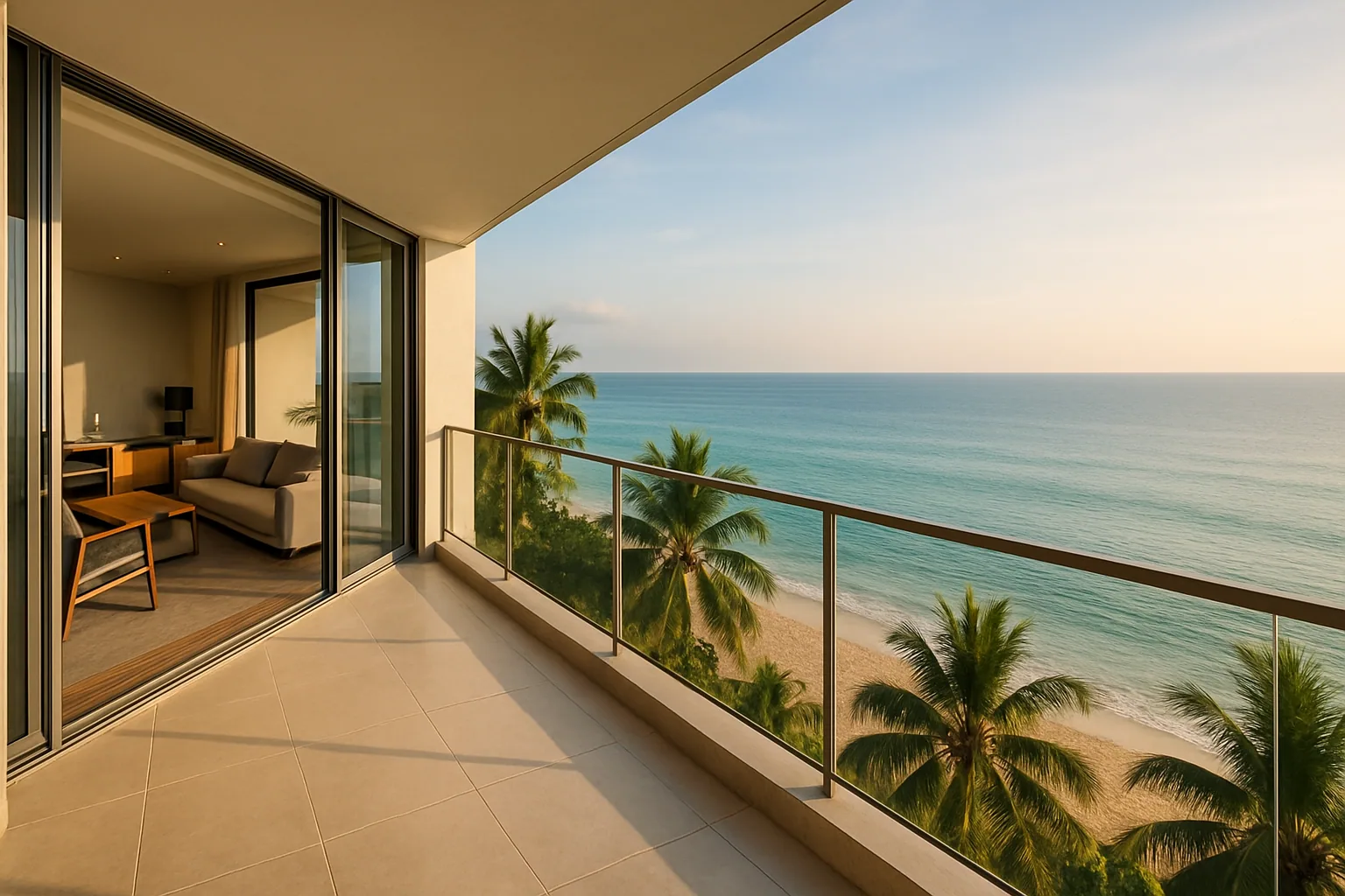 Beachfront condominium balcony at sunset with ocean views, representing premium coastal living costs in Thailand