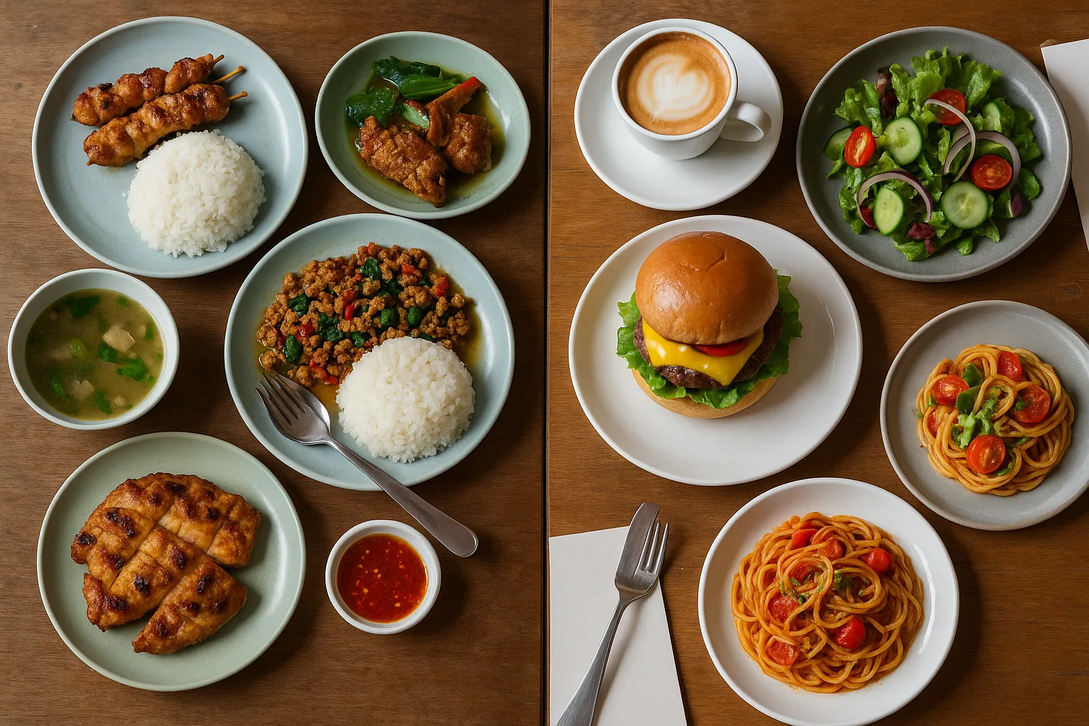Side-by-side comparison of Thai street food and Western restaurant dining showing cost differences