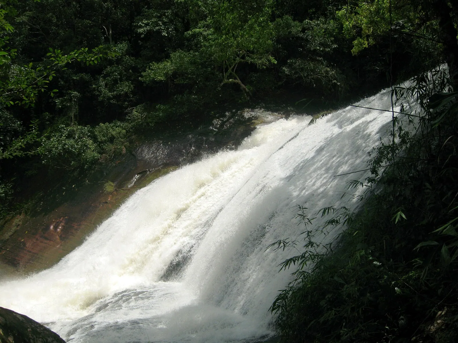 A wide, powerful waterfall plunges down a rocky, tree-lined incline, surrounded by lush green jungle.