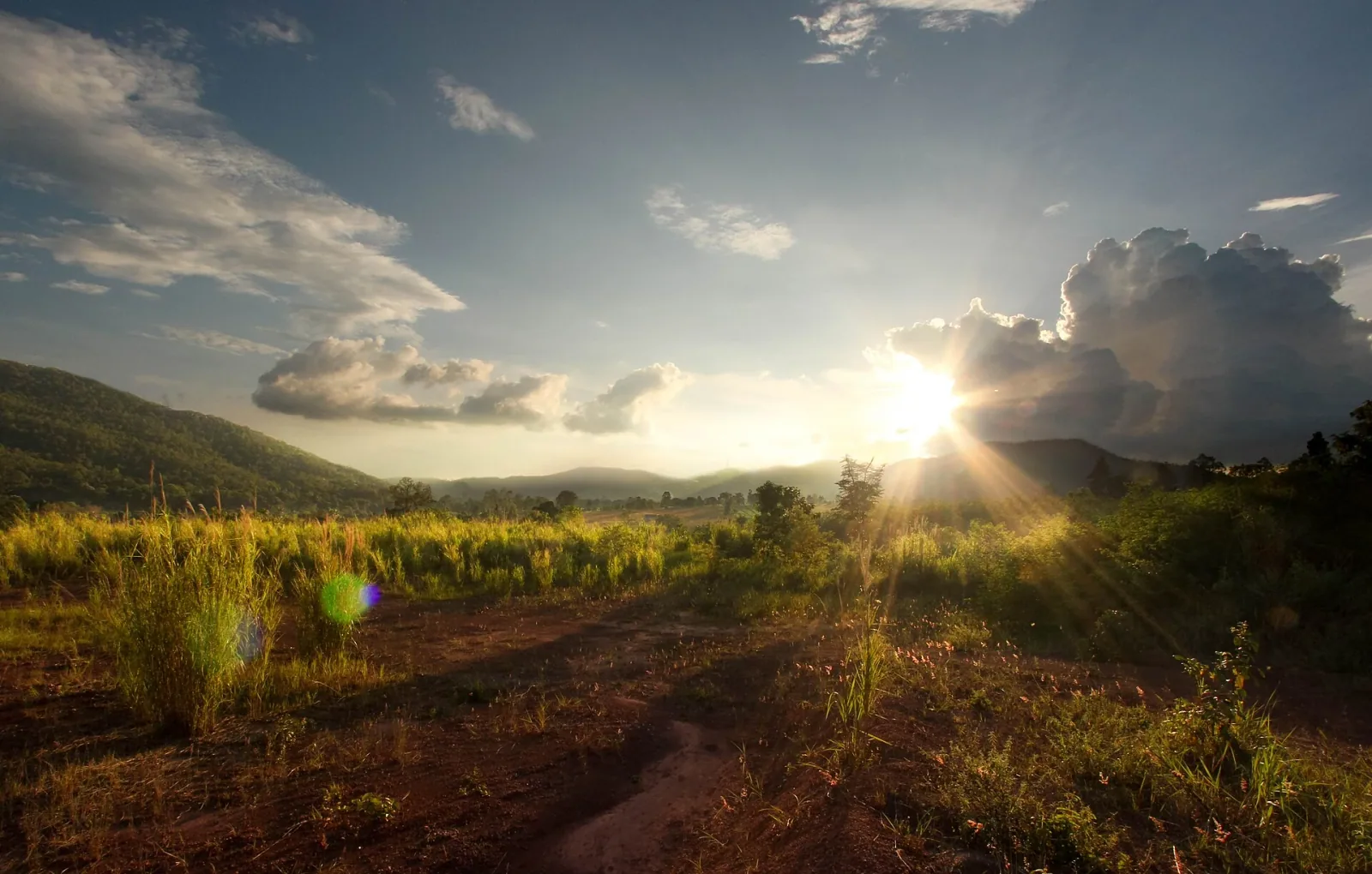A golden hour landscape view of fields and rolling hills under a partly cloudy sky, with the sun shining brightly from the right, creating a strong lens flare.