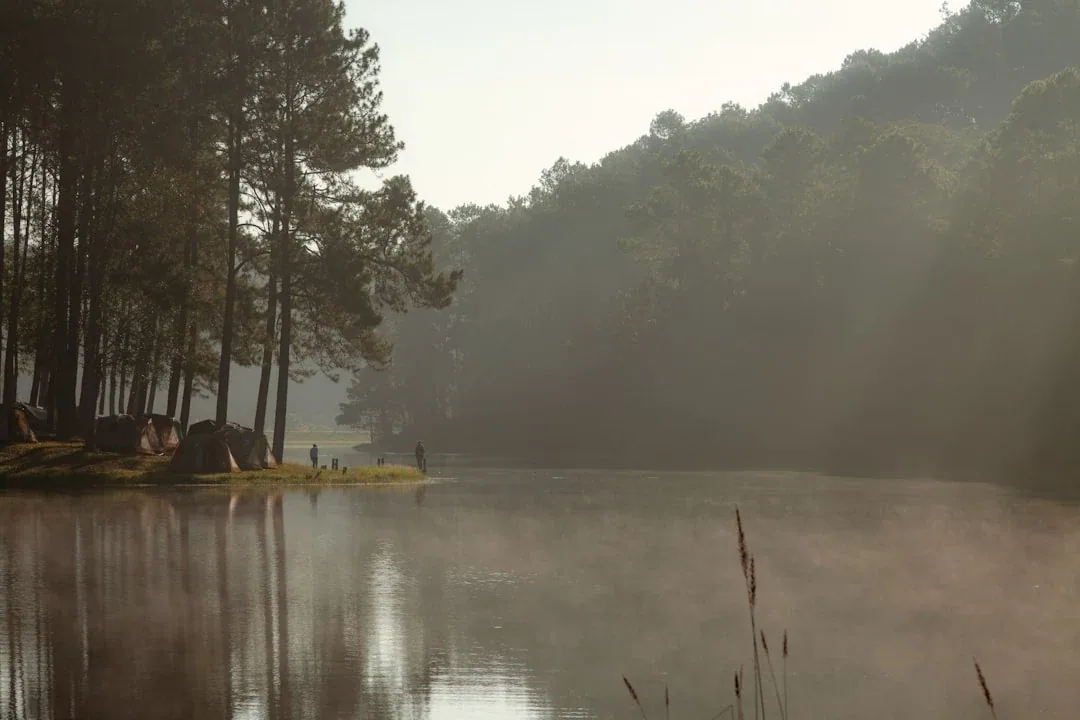 Misty morning at Pang Ung lake in Mae Hong Son, Thailand, showing pine trees, camping tents, and people by the water.