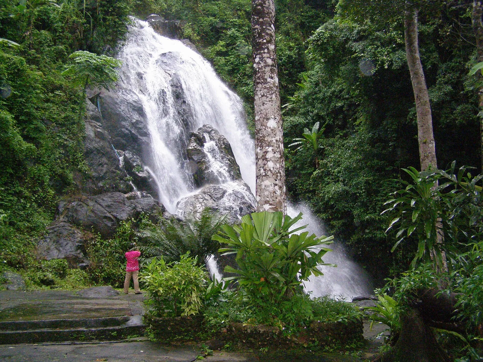 A powerful waterfall tumbles over dark rocks amidst dense green tropical forest, with a person standing on a paved viewing area at its base.