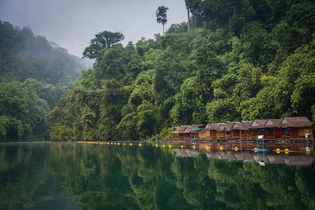 Floating bungalows on a calm lake surrounded by lush green jungle-covered mountains under an overcast sky in Khao Sok National Park, Thailand.