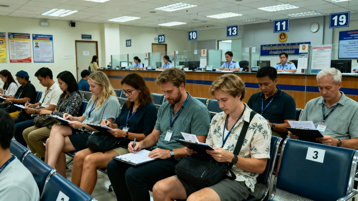 Interior of Thai immigration office with expats waiting in queue to file 90-day reports