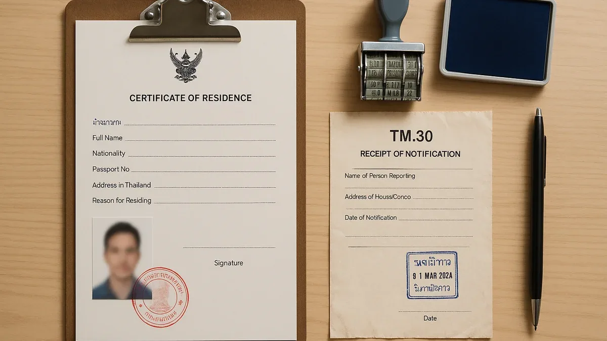 Certificate of Residence and TM.30 documents on desk with Immigration stamps