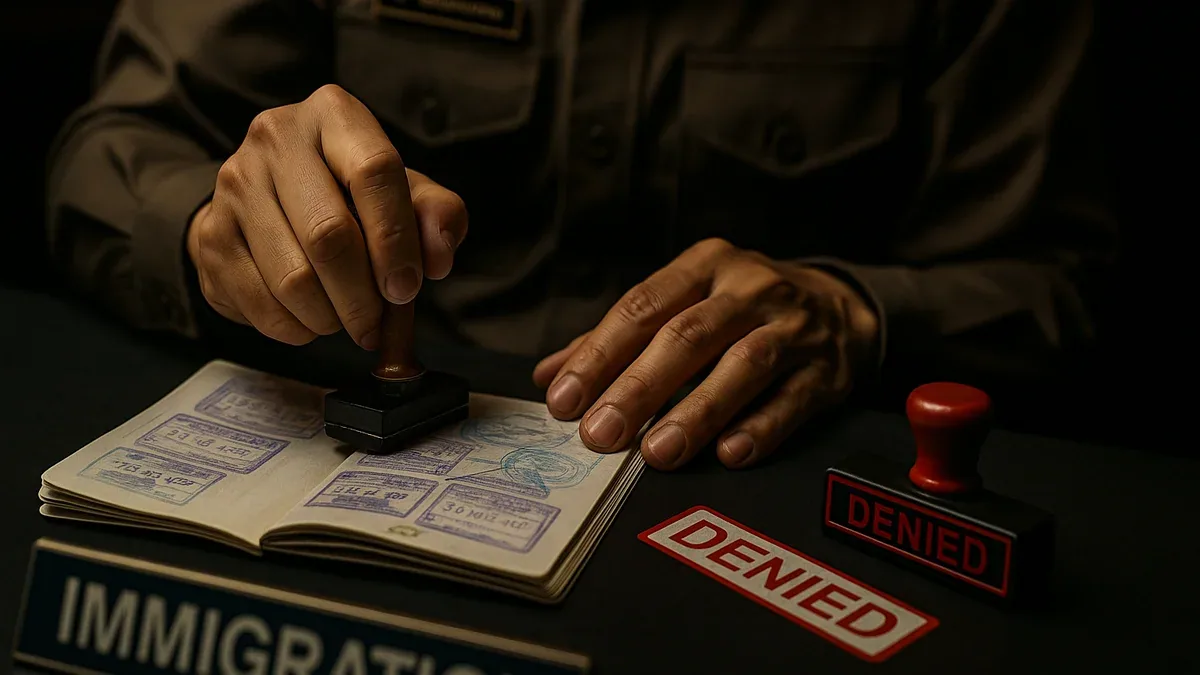 Immigration officer stamping passport with denied entry stamp, close-up of hands and immigration desk